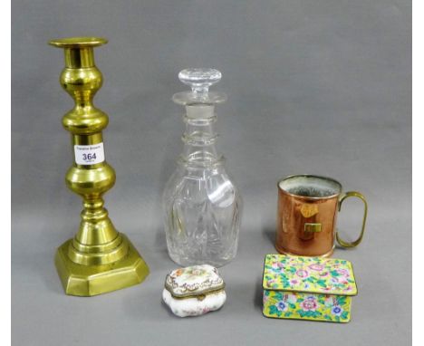 Mixed lot to include a brass knop stemmed candlestick, a ring necked decanter, copper measure, enamel box and cover and a por