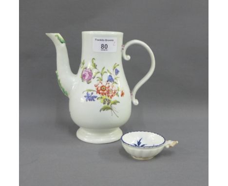 Derby floral patterned coffee pot (lid lacking), together with a blue and white wine taster, with imperfections, (2) 