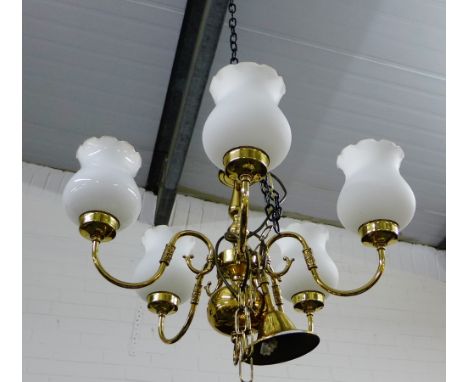 Brass five branch ceiling light with glass shades, 44cm, (2) 