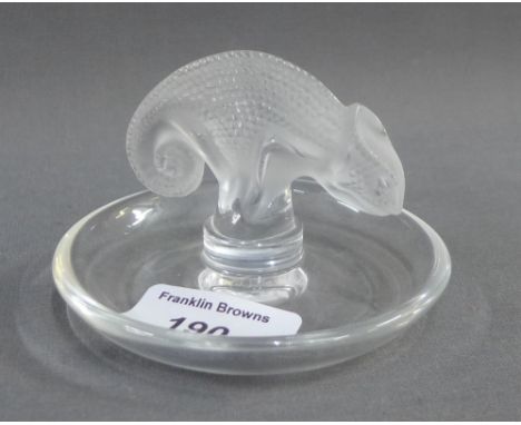 Lalique glass pin tray with opaque Lizard, with an etched Lalique mark to base, 10cm diameter