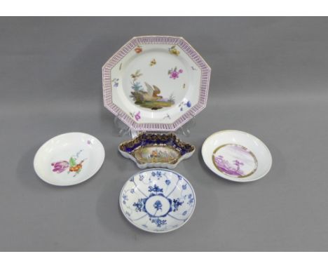 Berlin bird decorated plate, a Vienna spoon tray and two continental saucers and a floral patterned saucer, (5) 