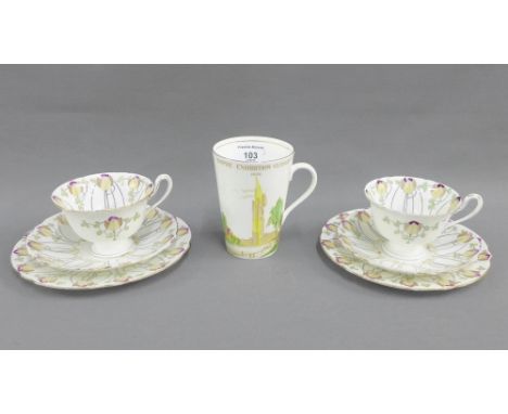 Foley China Art Nouveau porcelain cup, saucer and side plate pair of trios, together with a Chelsea Empire Exhibition of Glas