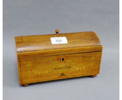 19th century mahogany and inlaid caddy, with domed hinged lid and turned finial with urn motif to front on four bun feet, 23c