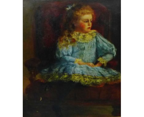Late 19th Century School 'Portrait of a Young Girl wearing a Blue Dress, modelled Seated in an Armchair' Oil-on-Canvas, appar