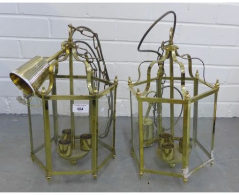 Pair of brass hexagonal glass panelled lantern style lights, (2) 