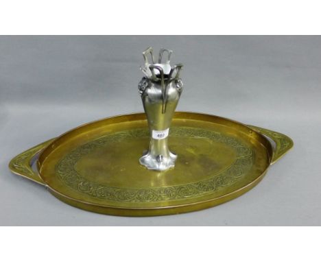 Art Nouveau brass oval twin handled tray, 61cm long,  together with a pewter vase, (2) 