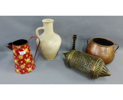 Mixed lot to include a copper pot, an enamel vase, turned wooden candlestick and a stoneware Roman style pot, (5) 