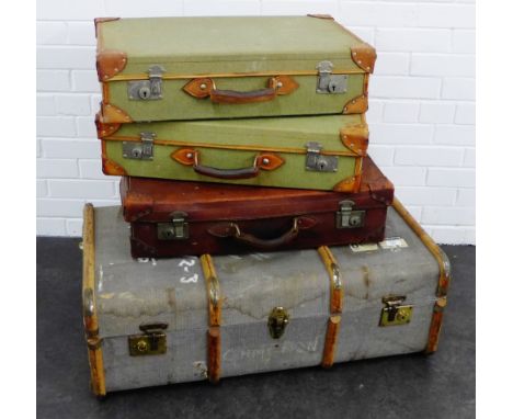 Vintage wooden bound travel trunk and three suitcases, (4) 