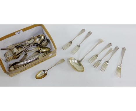 A carton containing a quantity of Epns flatwares to include a soup ladle, etc (a lot) 