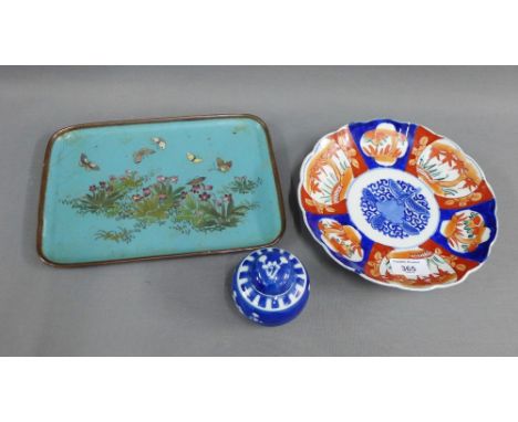 Rectangular enamel tray (a/f) together with an Imari plate and a miniature blue and white prunus patterned ginger jar and cov