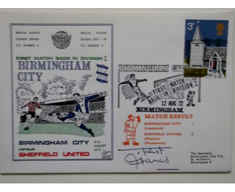 Postal cover issued to mark Birminghams first game back in Div 1, hand signed by Trevor Francis