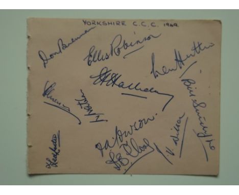 Page from a vintage autograph book hand signed by 11 Yorkshire players
