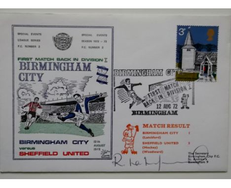 Postal cover issued to mark Birminghams first game back in Div 1, hand signed by Bob Latchford