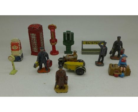 Hornby OO gauge railway figures and a Dinky AA motorcycle and sidecar