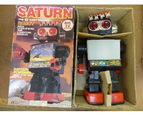 A Saturn toy robot, boxed