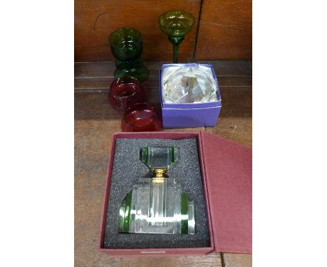 A Wedgwood glass candle holder, an Art Deco style scent bottle, a pair of cranberry glass salts, etc.