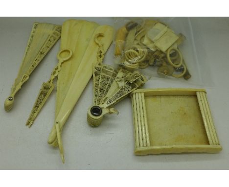 An ivory fan and other carved items, a/f