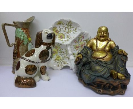 A Radford pottery ewer, a parcel gilt Buddha, a Staffordshire spaniel and a Hancock & Sons hors d'oeuvres dish