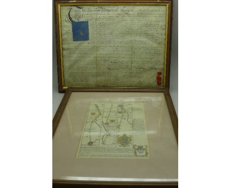 A framed early 19th Century indenture of a property in Nottingham and a 17th Century road map, Nottingham to Lincoln