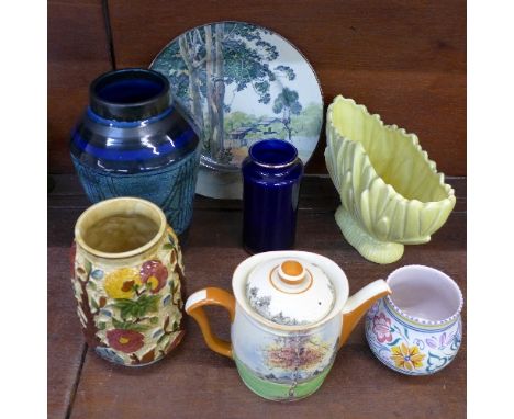 A Newlyn Pottery vase, an Indian Tree vase, a Sylvac vase and a Royal Doulton Autumn Glory teapot, a/f, etc.