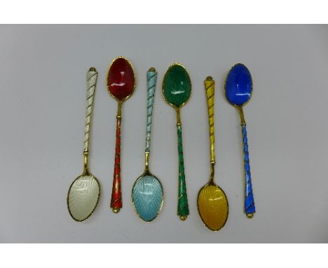 A set of six Danish silver and enamel coffee spoons, (light blue a/f)