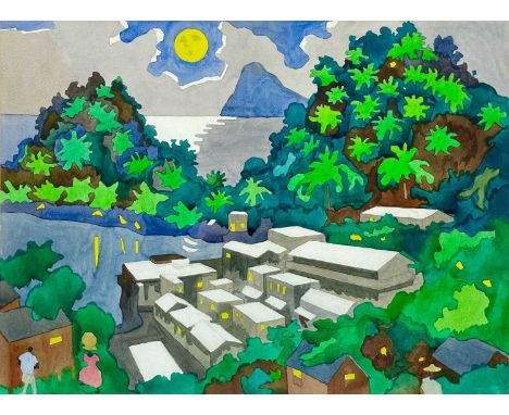 Clare WHITE (1903-1997) Moonface, Barbados Watercolour, 36 x 48.5cm.The moon looks down on this early evening scene painted b