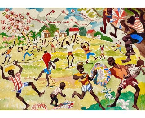 Clare WHITE (1903-1997) Kite flyers, Barbados Watercolour, initialled, 36 x 50.5cm.The brightness of Clare White’s colour pal