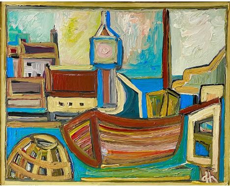 David HOSKING (XX-XXI) The Clock Tower at Porthleven Harbour Oil on board, initialled, signed inscribed and dated '95 to vers