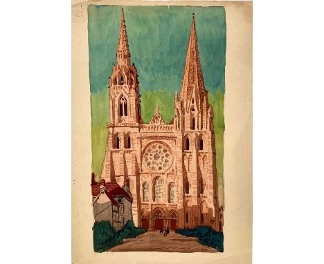 Clare WHITE (1903-1997) Chartres Cathedral façade Watercolour, initialled, 56 x 38cm.St Ives artist Clare White catches the s