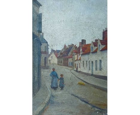 Caroline Burland Y. GOTCH (1854-1945) Street Scene Oil on Lanham's panelPenlee Exhibition and remnants of Newlyn Orion label 