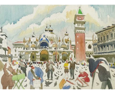 Clare WHITE (1903-1997) Smile Please! St Mark's Venice  Watercolour, 38 x 50cm.Clare White captures the moment a couple pose 