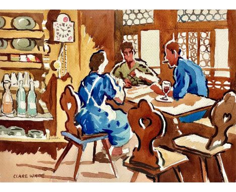 Clare WHITE (1903-1997) Card players in a Swiss Inn Watercolour, signed, 35 x 48cm.St Ives artist Clare White visited Switzer