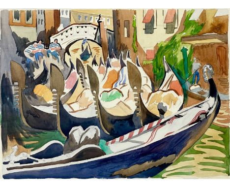 Clare WHITE (1903-1997) A row of gondolas, Venice Watercolour, 38 x 51cm.St Ives artist Clare White loved to travel and to pa