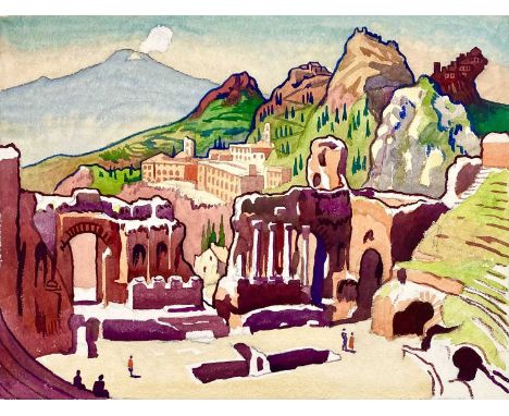 Clare WHITE (1903-1997) Ancient Theatre of Taormina and smoking Etna  Watercolour, 38.5 x 50.5cm.St Ives artist Clare White l