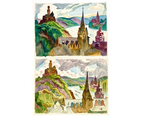 Clare WHITE (1903-1997) Two works  Storm over Marksburg Castle, BraubachWatercolour, signed, 38 x 51cmThis dramatic Rhine vie