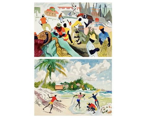 Clare WHITE (1903-1997) Two works Clare WHITE (1903-1997)Mending the nets, BarbadosWatercolour, signed, 37 x 52cmandClare WHI