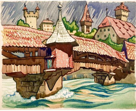 Clare WHITE (1903-1997) Chapel Bridge, Lucerne Watercolour, 38 x 47.5cm.St Ives artist Clare White visited Switzerland regula