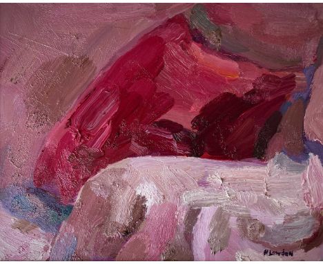 Neill LOWDON (XX-XXI) Crimson Cushion on Shaded Pink Couch  Oil on canvas, signed, 22.5 x 28.5cm.