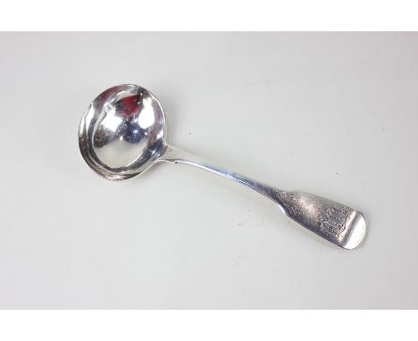 A George III Exeter silver sauce ladle, with fiddle pattern handle with engraved initials, maker Isaac Parkin, Exeter 1810, 1