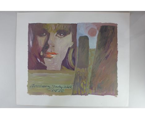 Reginald J. Lloyd (b.1926), face beside a landscape, screen print with hand colouring, 'Avebury July 25th 1970', unsigned, 52