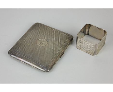 A George V silver cigarette case, with engine turned decoration and engraved initials in central panel, Birmingham 1923, 10cm