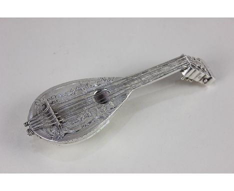 A continental silver lute shaped scent bottle, decorated with cherubs and scrolls, hinged lid enclosing compartment with stop