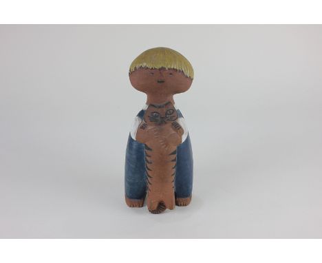 A 20th century Lisa Larson Gustavsberg Swedish pottery figure, 'Pelle', of a boy holding a cat, 20cm