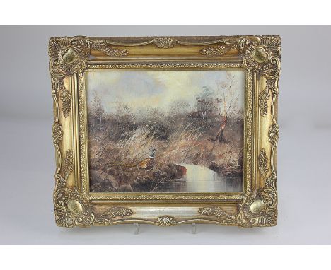 Peter Blake, pheasant by a stream, oil on board, signed, paper label verso for West Gate Fine Art, 18.5cm by 23.5cm