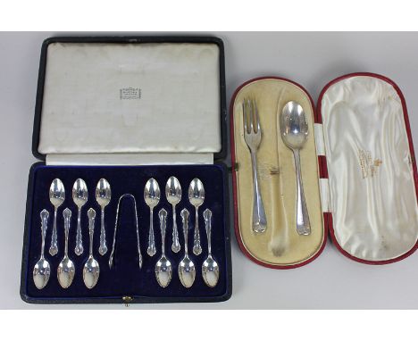 A cased set of twelve George V silver coffee spoons and sugar tongs, maker David Landsborough Fullerton, London 1926/7, retai