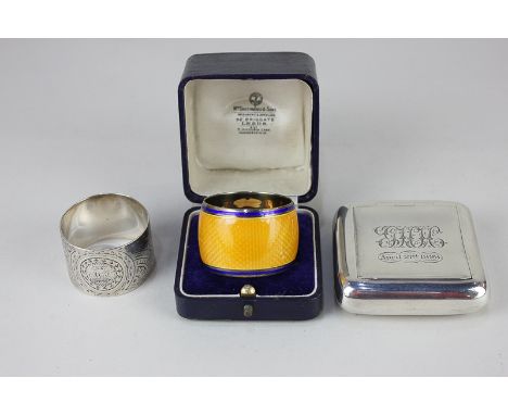 A cased George V silver and yellow guilloche enamel napkin ring, makers Charles S Green &amp; Co Ltd, Birmingham, 1923, a Vic