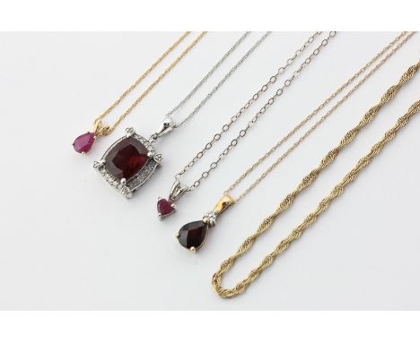 Two ruby pendants, and two garnet pendants on light gauge chains and a gold bracelet