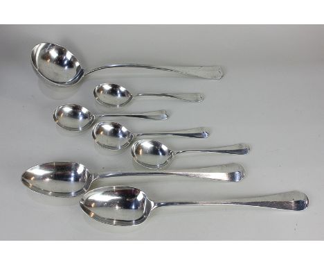 A set of George VI silver Old English pattern serving spoons, to include a pair of basting spoons, a soup ladle, and four des