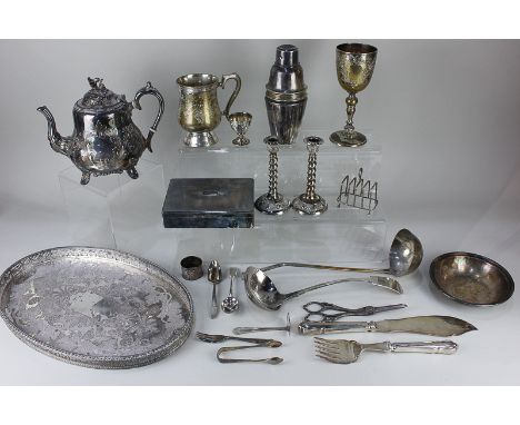 A collection of silver plated tableware to include a Victorian teapot, two soup ladles, oval serving tray, cigarette box, coc