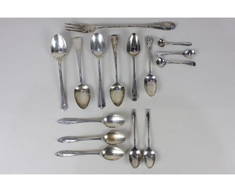Two George III silver teaspoons, eight later silver tea and coffee spoons, an Edward VII pickle fork, and three silver cruet 